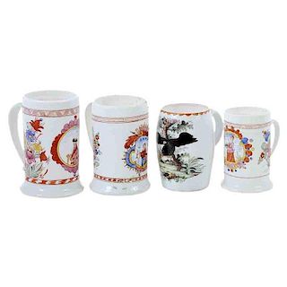 Four Bohemian Milk Glass Mugs