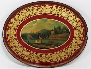 19TH C. REGENCY RED TOLEWARE OVAL TRAY