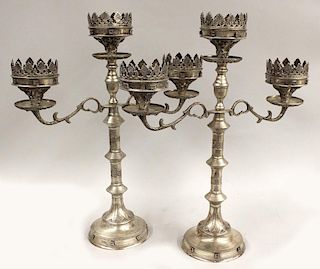 LARGE PAIR OF PLATED SILVER 3-LIGHT CANDELABRA