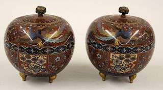 PAIR OF JAPANESE CLOISONNE FOOTED COVERED JARS