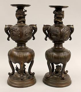 LARGE PAIR OF JAPANESE BRONZE CANDLEHOLDERS