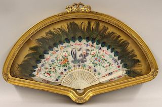 CHINESE PAINTED FEATHER FAN, FRAMED