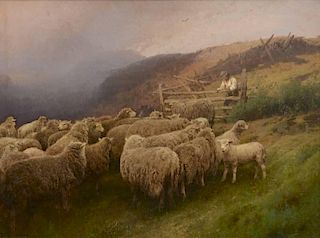 Hermann Herzog oil landscape with sheep