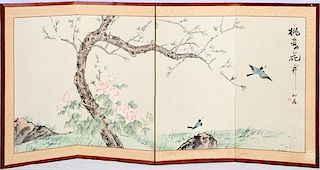 JAPANESE HAND PAINTED FLOWERING TREE W/ BIRDS