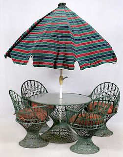 GREEN WICKER GLASS TOP TABLE ARM & LOUNGE CHAIRS