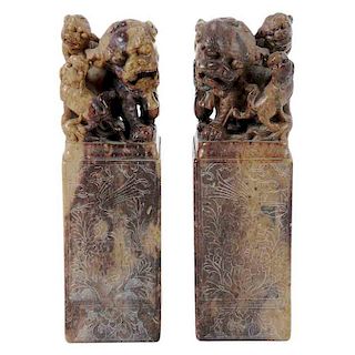 Pair Carved Soapstone Foo Lion Chop Seals