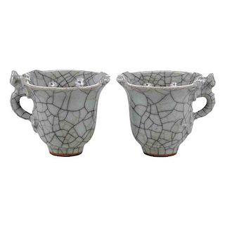 Pair Ge Ware Celadon Crackle Glaze Cups