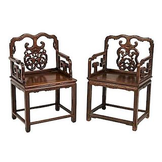 Pair of Chinese Carved Hardwood Open Arm Chairs
