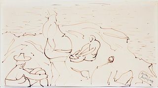 MILTON AVERY PEN AND INK DRAWING BEACH SCENE 1949