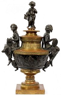 AFTER CLODION FRENCH DORE & BLACK PATINA CENTERPIECE W/ CHERUBS