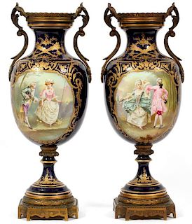 SEVRES PORCELAIN AND GILT BRONZE SIGNED HAND PAINTED VASES CIRCA 1890 PAIR