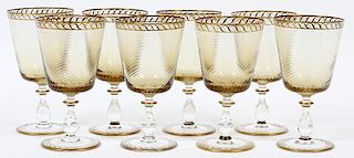 VENETIAN BLOWN GLASS WINE GOBLETS SET OF EIGHT SWIRL PATTERN GILT EDGE & ENAMEL OVERLAY