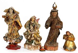 CARVED WOOD SANTOS FIGURES AND ANGEL 4 PIECES