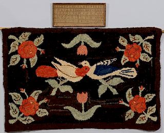 2 Folk Art Textile Items, Hooked Rug & Sampler