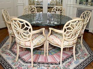 SHERRILL MARBLE TOP PEDESTAL TABLE AND CHAIRS 7 PIECES