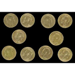 Ten Gold British Sovereign Coins