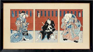 KUNISADA JAPANESE TRIPTYCH WOODBLOCK PRINT IMAGE EACH SECTION: