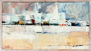 M. YOUNG MODERN ABSTRACT LANDSCAPE OIL ON CANVAS 1962