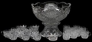 AMERICAN PRESSED GLASS RUM PUNCH BOWL & BASE DIA W/ VARIOUS STYLE PATTERN CUPS