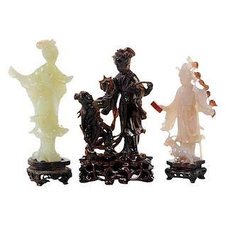 Three Standing Kuan Yin Carved Stone Figures