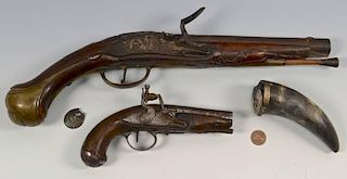 2 Continental Flintlock Pistols, Powder Horn