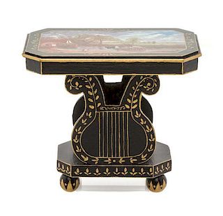 A Regency Style Black Lacquered and Painted Occasional Table, Height of first 2 1/4 x width 2 5/8 x depth 1 5/8 inches.