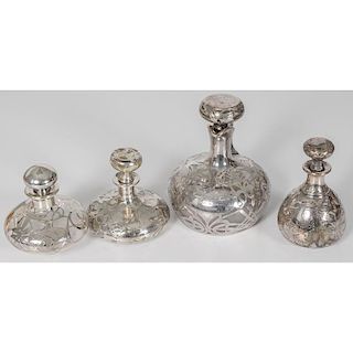 Glass Decanter and Bottles with Sterling Overlay