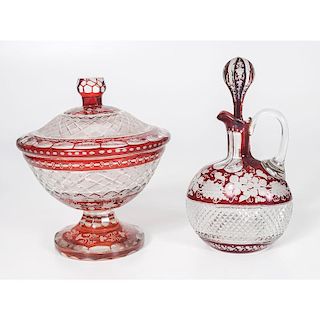 Ruby and Crystal Cut Glass Compote and Decanter