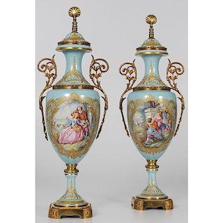 Sèvres Style Hand-Painted Porcelain Urns, Signed E. Froger
