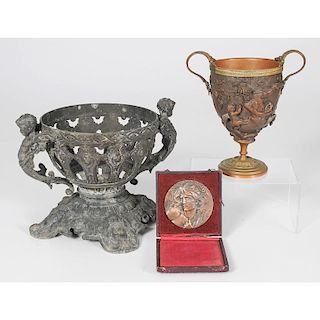 C. Loudray Bronze Medallion, Loving Cup, and Pierced Centerpiece