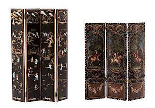 An English Style Painted Leather Three-Panel Screen, Height of first 5 1/8 x width 4 1/2 inches.