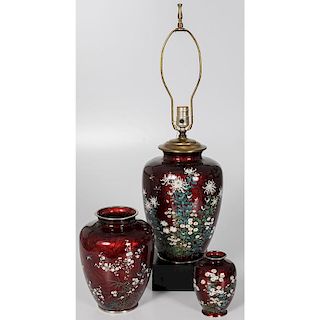 Japanese Guilloché Enamel Vases and Lamp