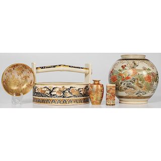 Japanese Royal Satsuma Basket, Bowl, and Vases
