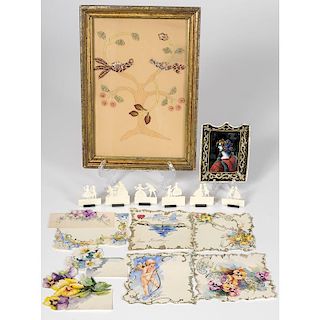 Austrian Placecard Holders, French Enamel Calling Card Tray, and Applique Textile Decorative Work
