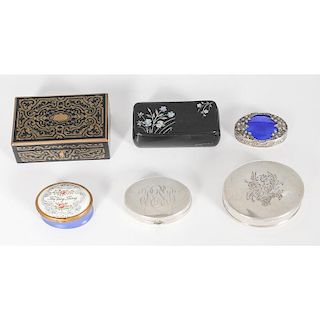 Snuff and Pill Boxes, Including Sterling and Lacquer Examples