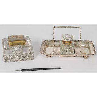 Stokes and Ireland Sterling Inkwell Stand and Glass Inkwell