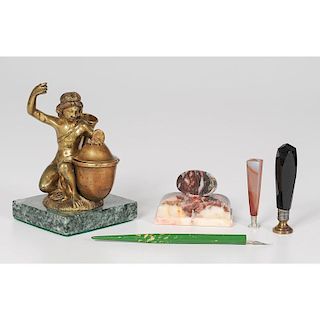 Bronze Figural Inkwell, Marble Paperweight and Stampers