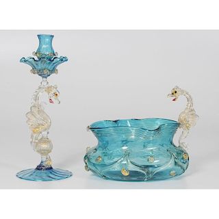 Venetian Glass Candlestick and Bowl