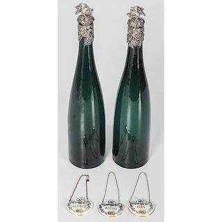Blown Glass Wine Bottles with Sterling Mounts, Plus
