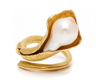 A Yellow Gold and Cultured Baroque Pearl Calla Lily Motif Ring, 13.00 dwts.