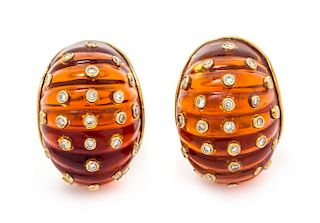 A Pair of Yellow Gold, Diamond and Amber Earclips, 15.60 dwts.
