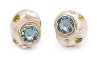 A Pair of 18 Karat White Gold, Shell, Blue Topaz and Peridot Earclips, Trianon, 14.10 dwts.