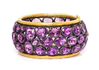 An Oxidized Sterling Silver and Amethyst Bangle Bracelet, 87.10 dwts.