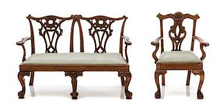 A Chippendale Style Settee and Armchair, Height of settee 3 x width 4 3/8 x depth 2 inches.
