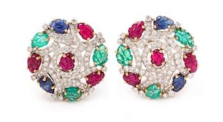 A Pair of Bicolor Gold, Diamond, Ruby, Sapphire and Emerald Earclips, 12.90 dwts.