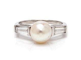 A Platinum, Cultured Pearl and Diamond Ring, 3.80 dwts.