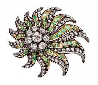 A Victorian Silver Topped Gold, Diamond and Emerald Brooch, 10.80 dwts.
