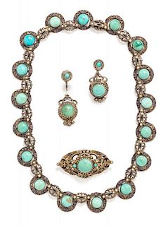 A Renaissance Revival Gilt Silver, Turquoise, Seed Pearl and Polychrome Enamel Demi-Parure Necklace, Austro-Hungarian, 52.60