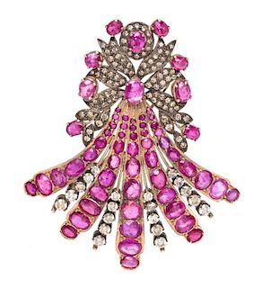 A Yellow Gold, Silver, Diamond and Ruby Brooch, 13.70 dwts.