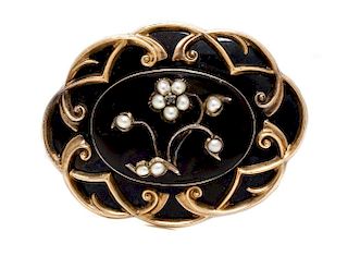 A Victorian Gold-Filled, Enamel and Seed Pearl Mourning Brooch, 18.50 dwts.